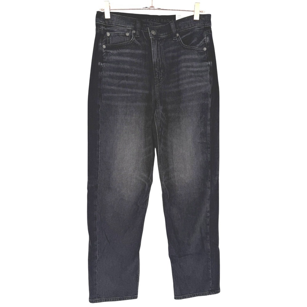NWT American Eagle Strigid Super High Rise Baggy Straight Black Jeans Sz 4 Short